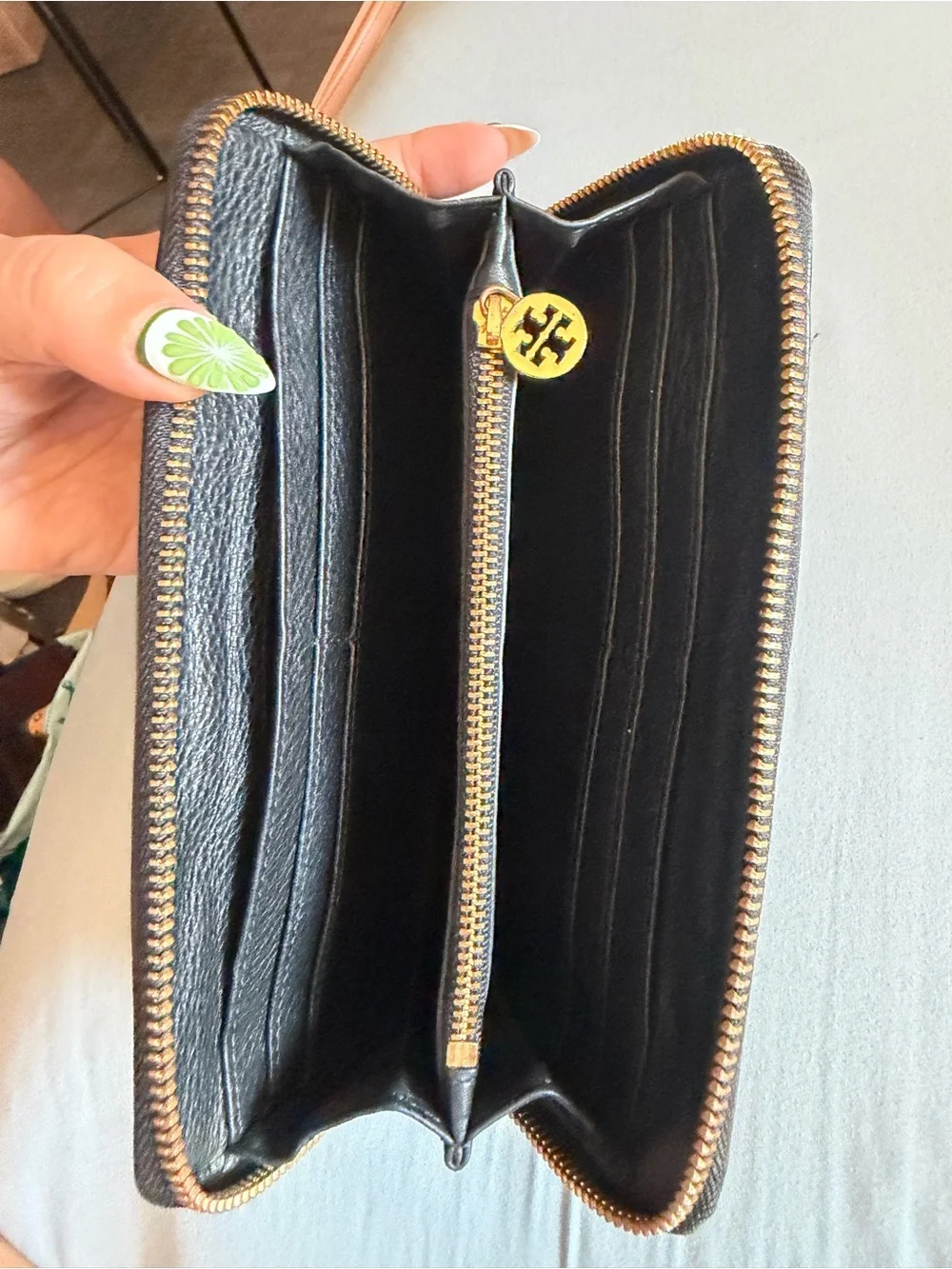 Tory Burch Black Leather Zip-Around Wallet with Logo